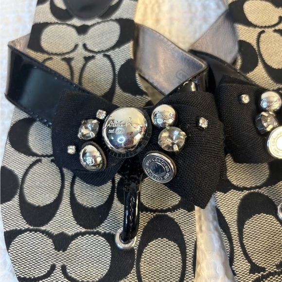 Coach Black & Silver Signature Print Sandals w/ Bow Accent - Picture 2 of 7